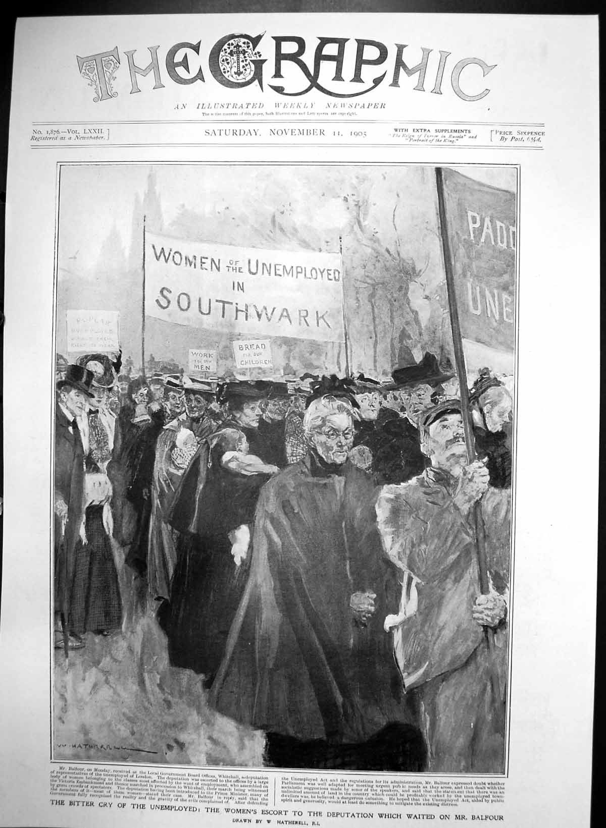 Antique Old Print Bitter Cry Unemployed Womens Escort Deputation Balfour 1905