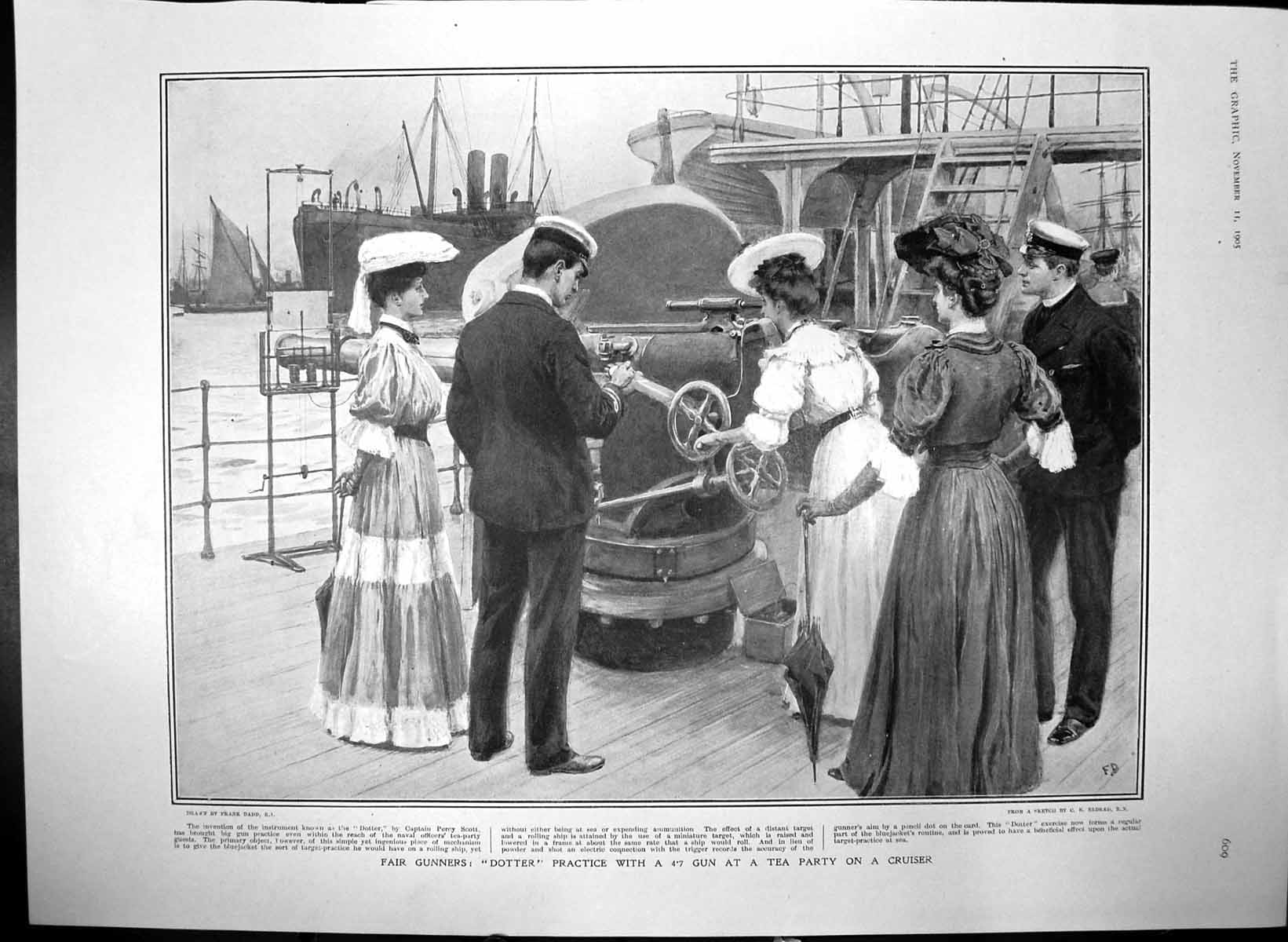 Antique Old Print Fair Gunners Dotter Practice 4.7 Gun Tea Party Cruiser 1905
