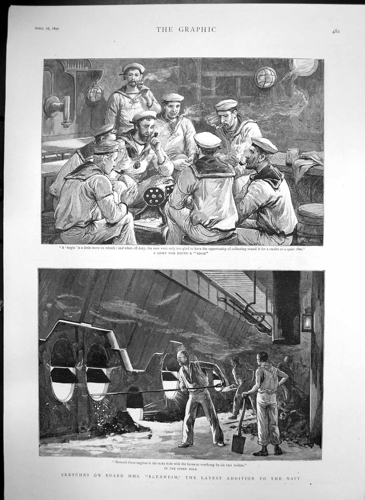 Antique Old Print Sketches On Board Hms Blenheim Stoke Hole Pipe Bogie 1892