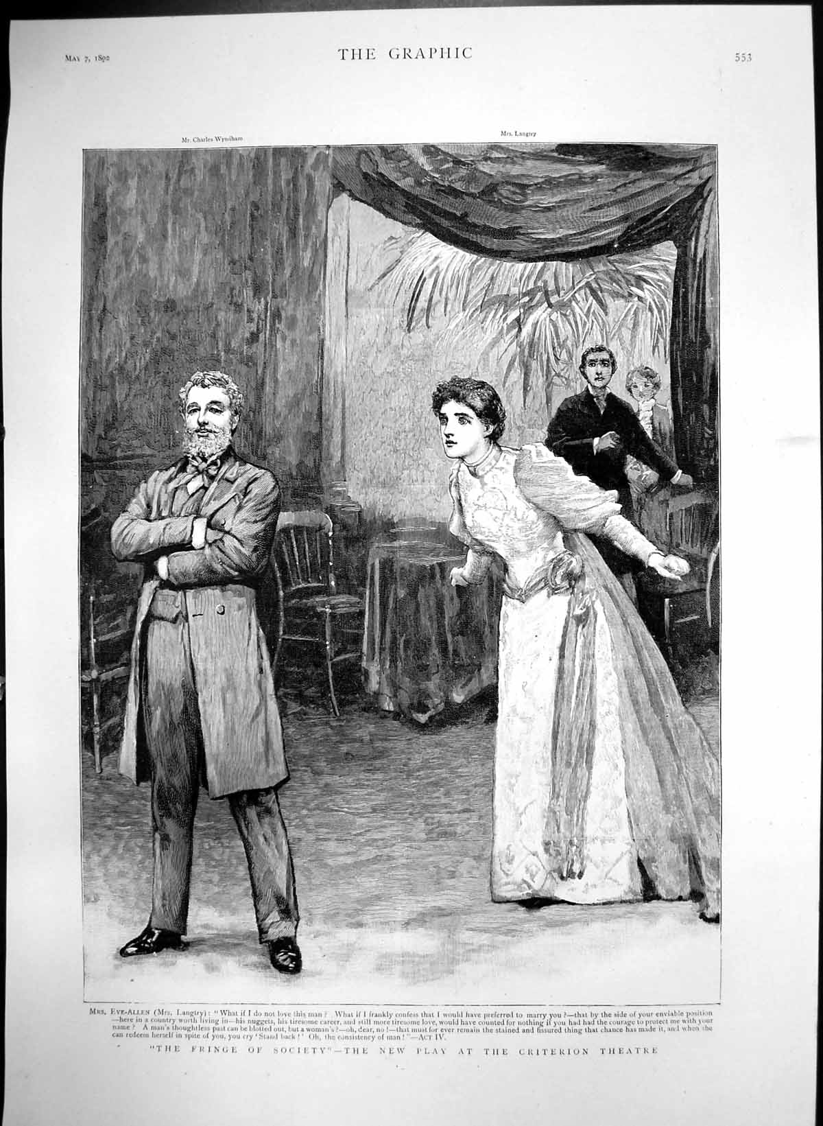 Antique Old Print Fringe Society New Play Criterion Mrs Eve-Allen Man 1892 19th