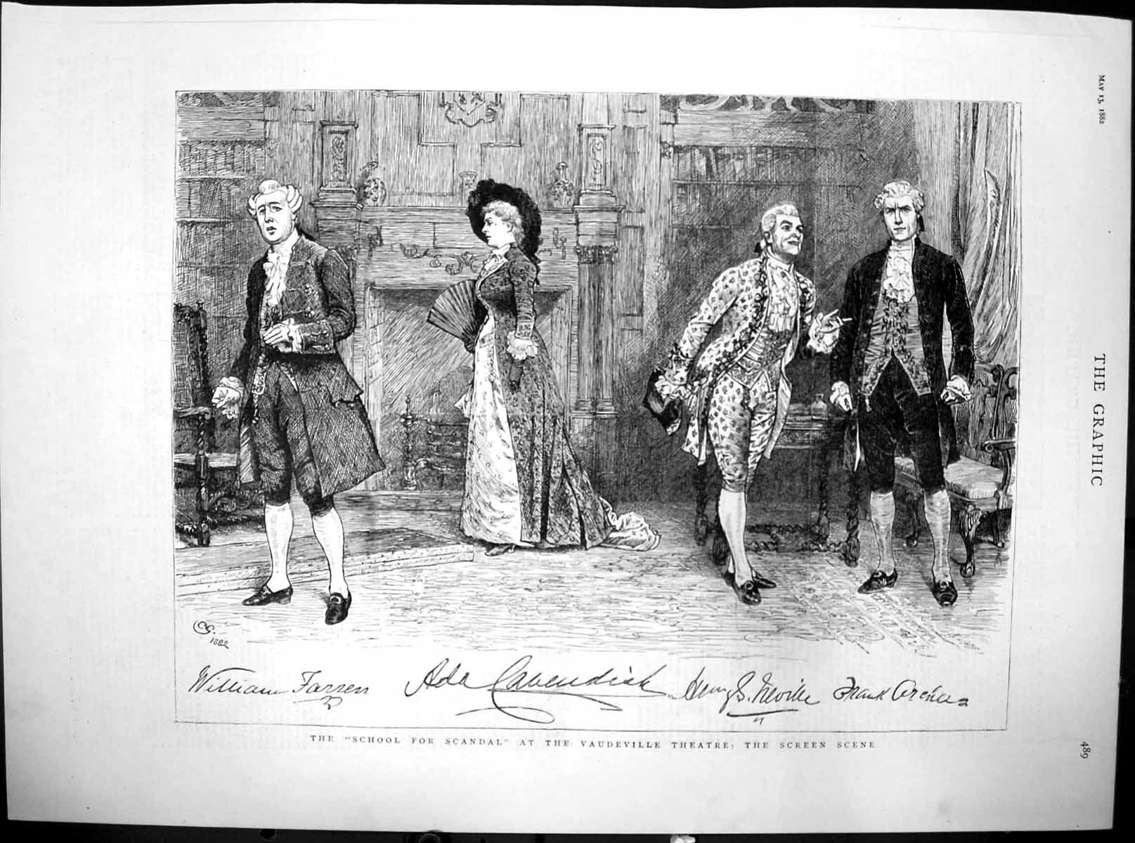Antique Old Print School For Scandal Vaudeville Theatre Screen Schene 1882 19th