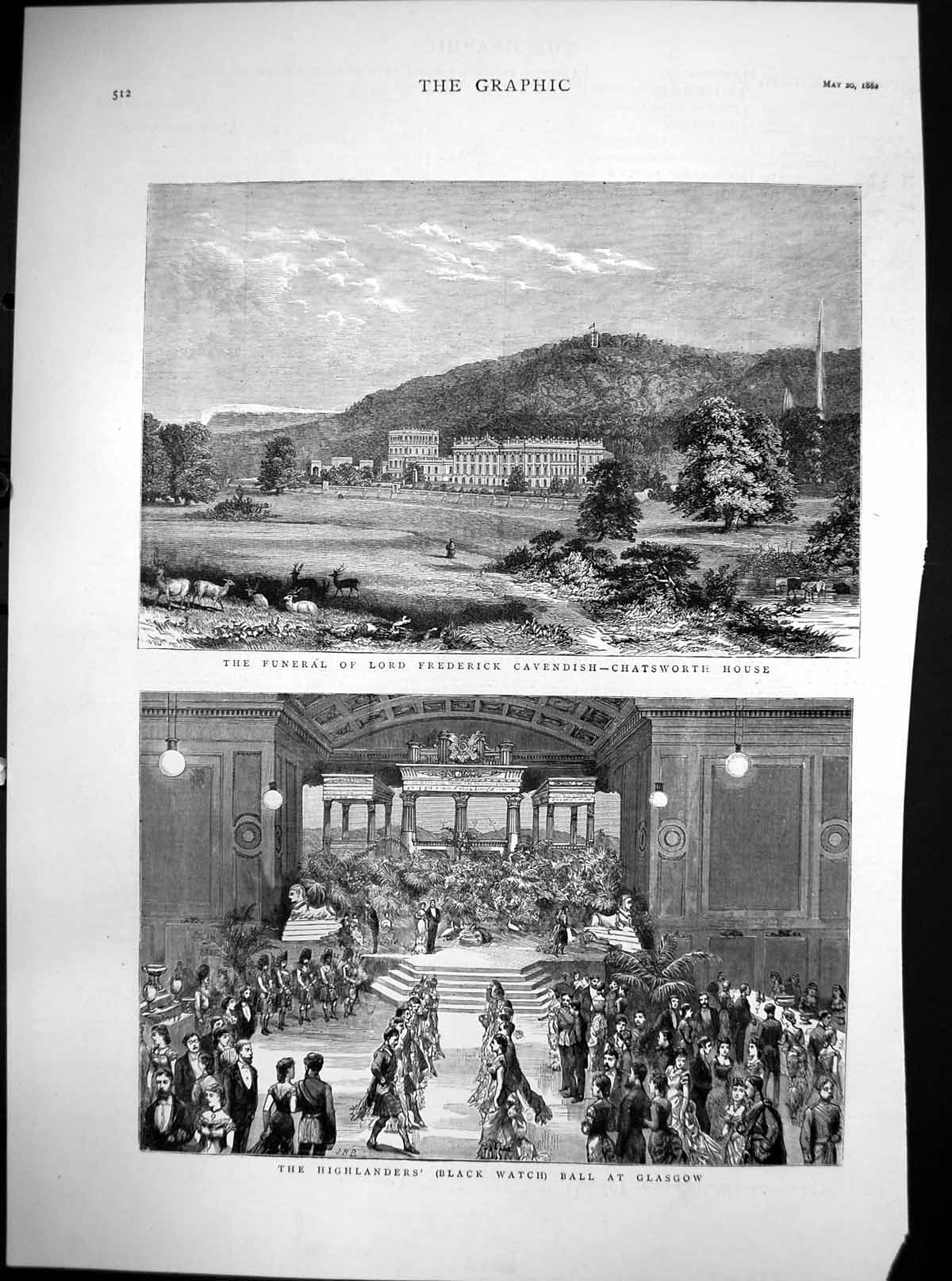 Antique Old Print Black Watch Ball Glasgow Funeral Frederick Cavendish 1882