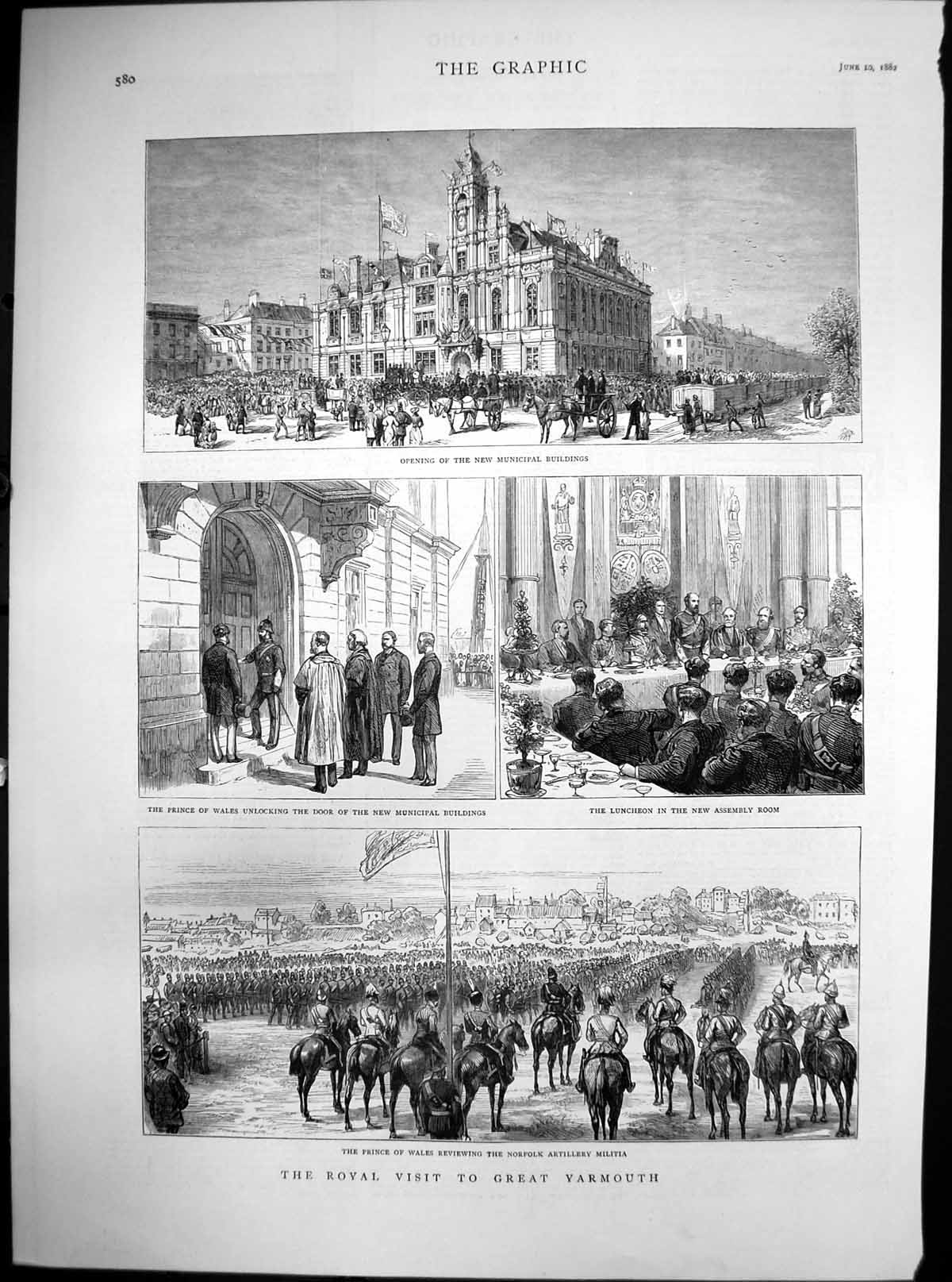 Antique Old Print Prince Wales Great Yarmouth New Municipal Buildings 1882 19th