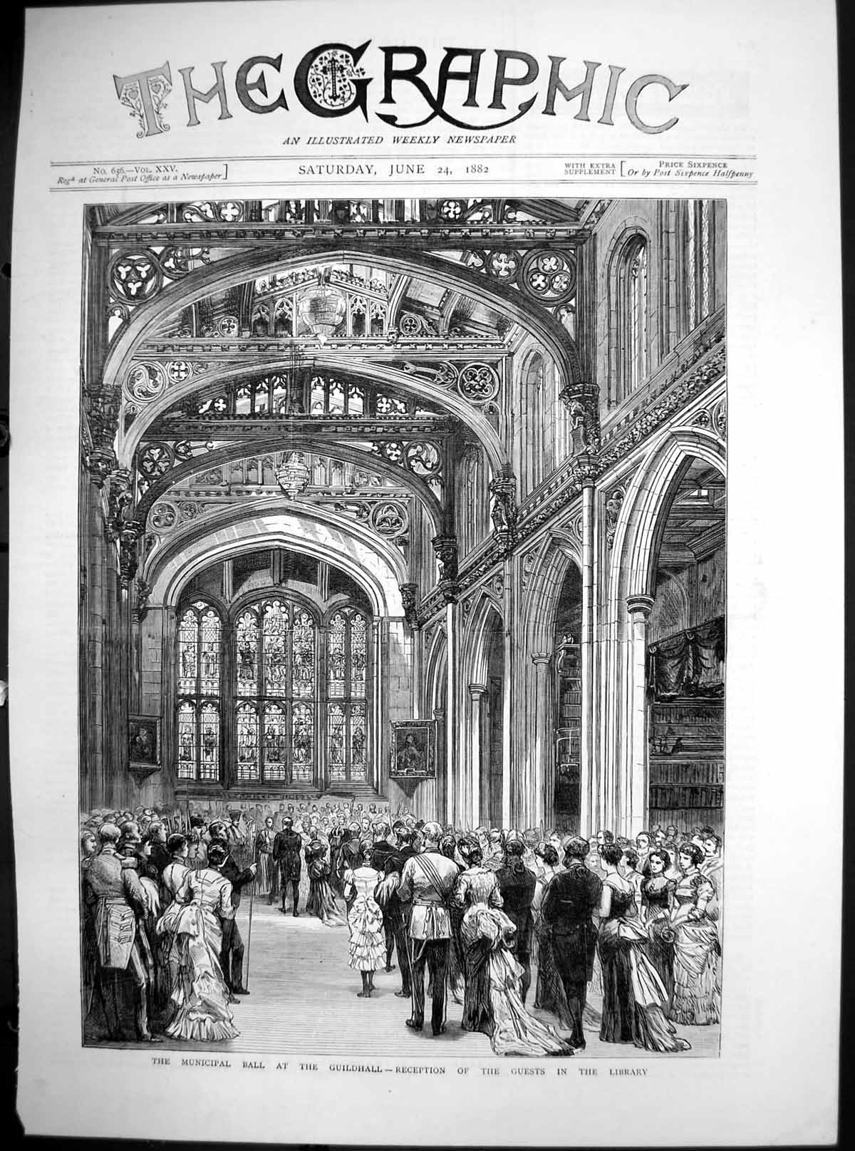 Old Antique Print Municipal Ball Guildhall Reception Guests Library 1882 19th