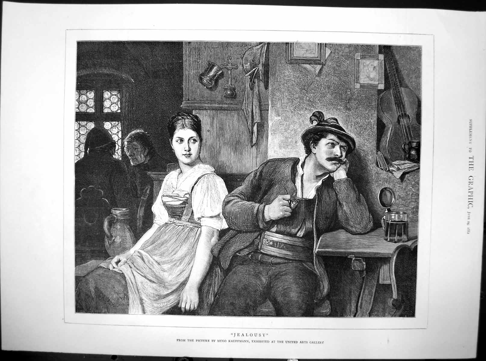 Original Old Antique Print Jealousy Hugo Kauffmann United Arts Gallery 1882