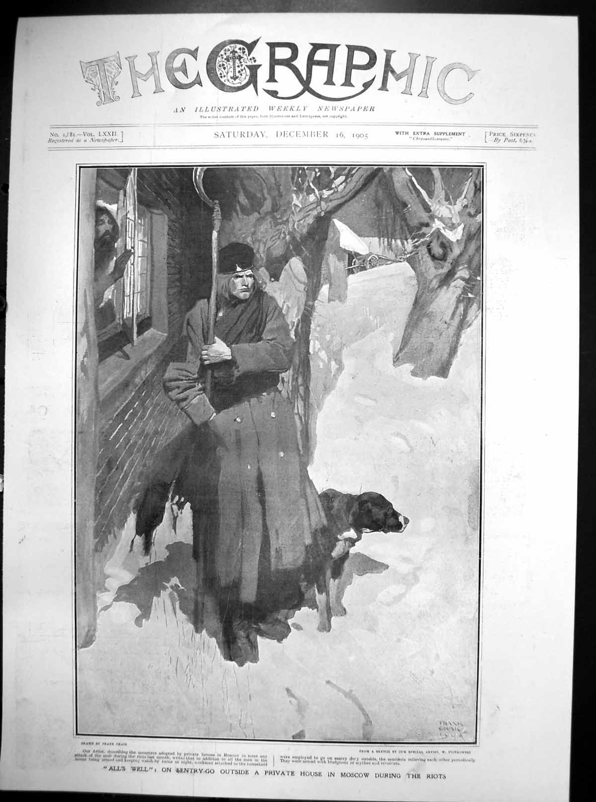 Old Antique Print Alls Well Frank Craig Sentry Go House Moscow Riots 1905 20th