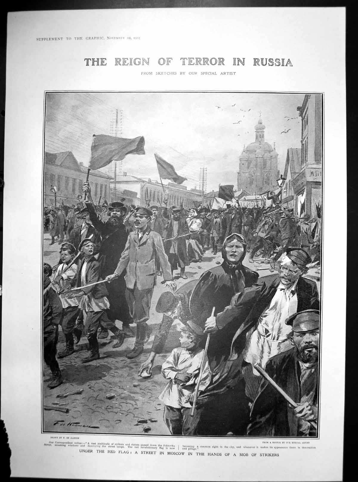 Original Old Antique Print Under Red Flag F De Haenen Moscow Mob Strikers 1905