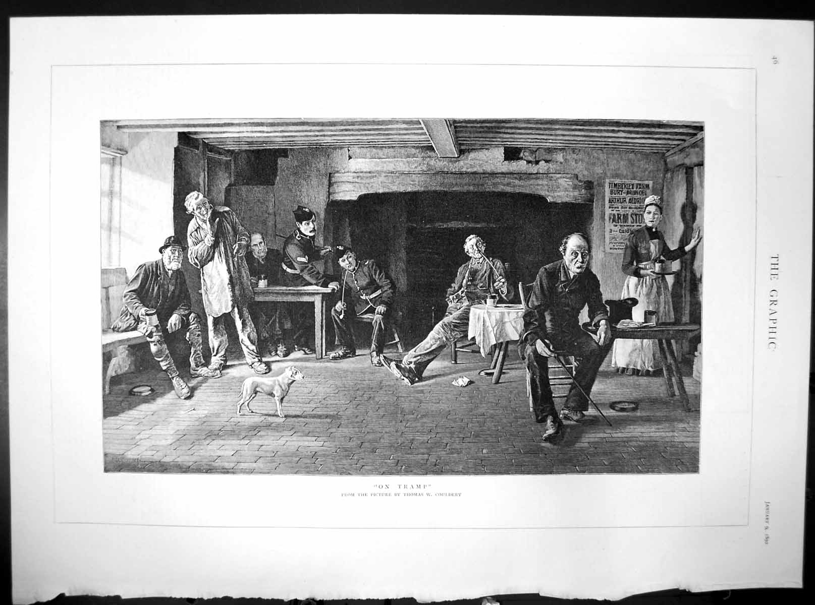 Old Antique Print On Tramp Thomas W Couldery Dog Farmers In Kitchen 1892 19th