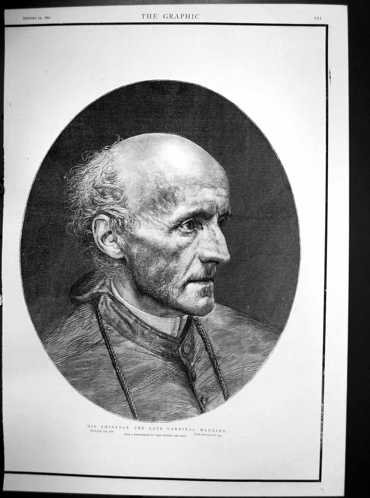 Antique Old Print His Eminence Late Cardinal Manning 1808-1892 J Russell 1892