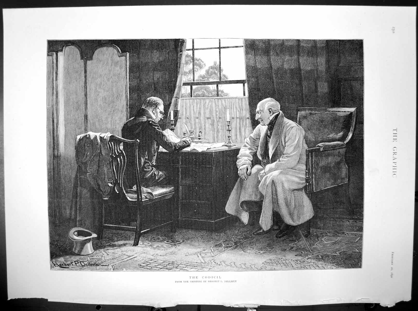 Original Old Antique Print Codicil Herbert P Dollman Two Men Desk 1892 19th