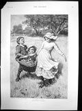 Antique Old Print Heavy Load Fred Morgan Childre Carrying Girl In Basket 1892
