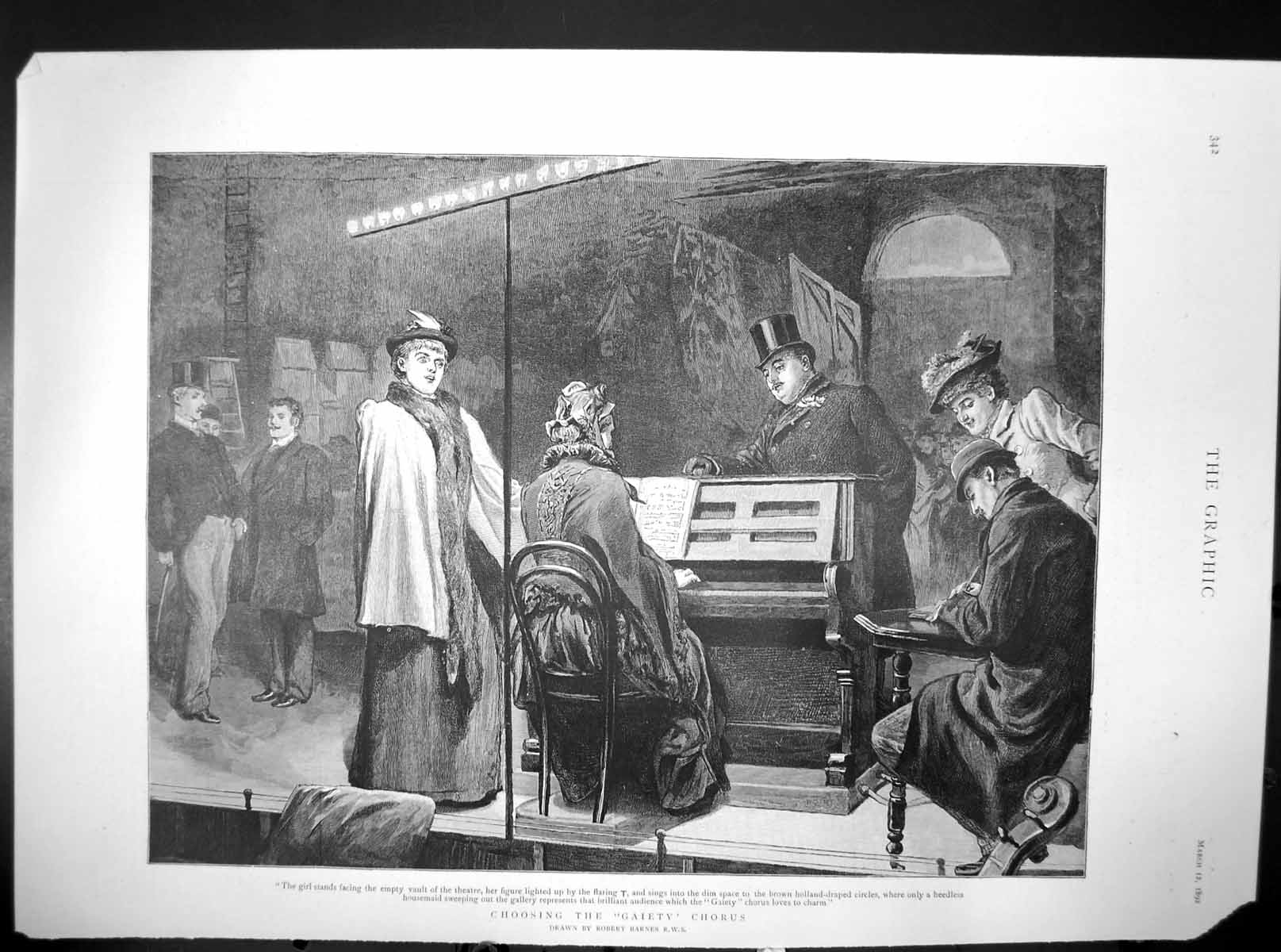 Old Antique Print Choosing Gaiety Chorus Robert Barnes Around Piano 1892 19th