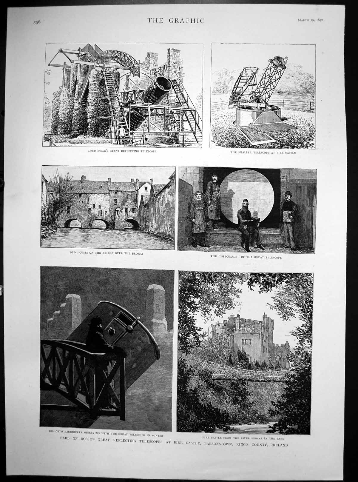 Antique Old Print Telescopes Birr Castle Ireland Lord Rosses Speculum 1892 19th
