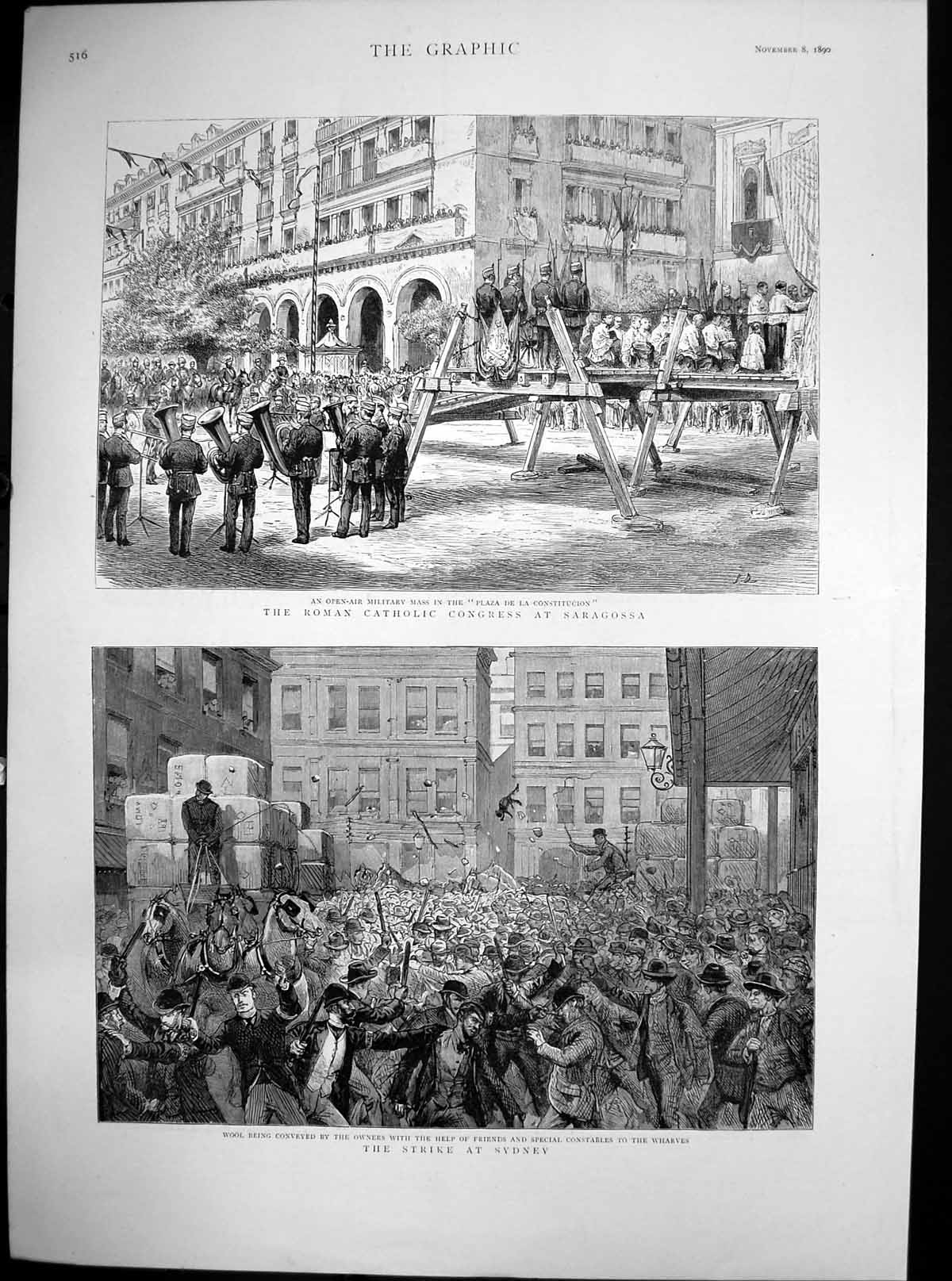 Original Old Antique Print Roman Catholic Congress Saragossa Strike Sydney 1890