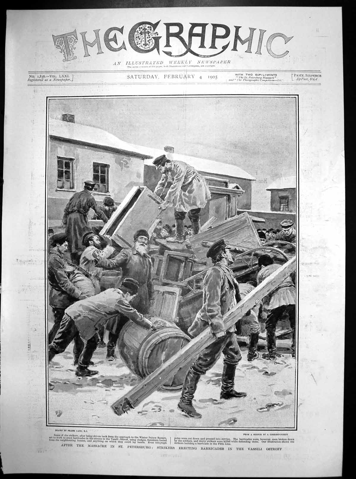 Antique Old Print After Massacre St Petersburg Strikers Erect Barricades1905