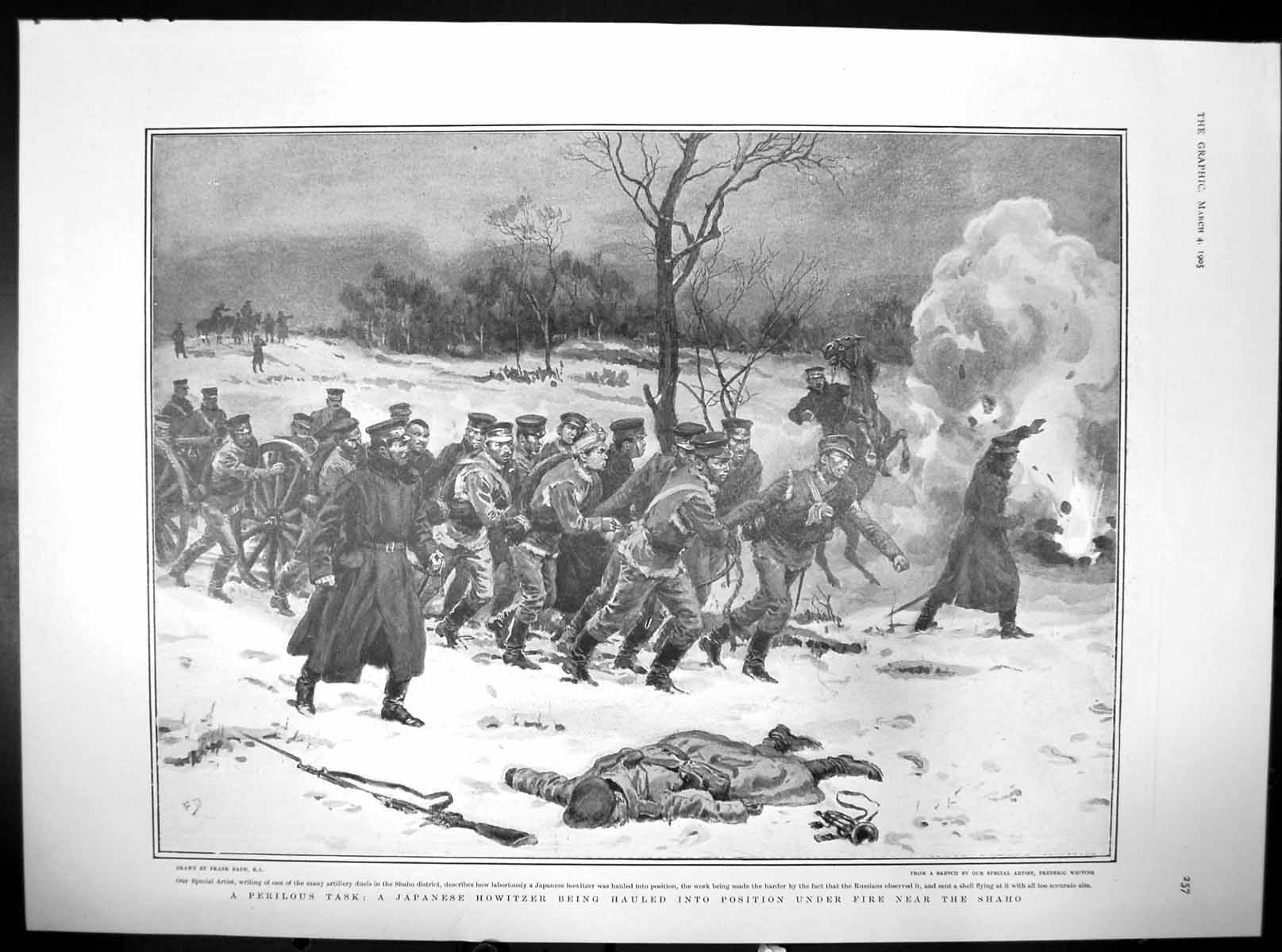 Original Old Antique Print Japanese Howitzer Hauled Under Fire Shaho 1905 20th