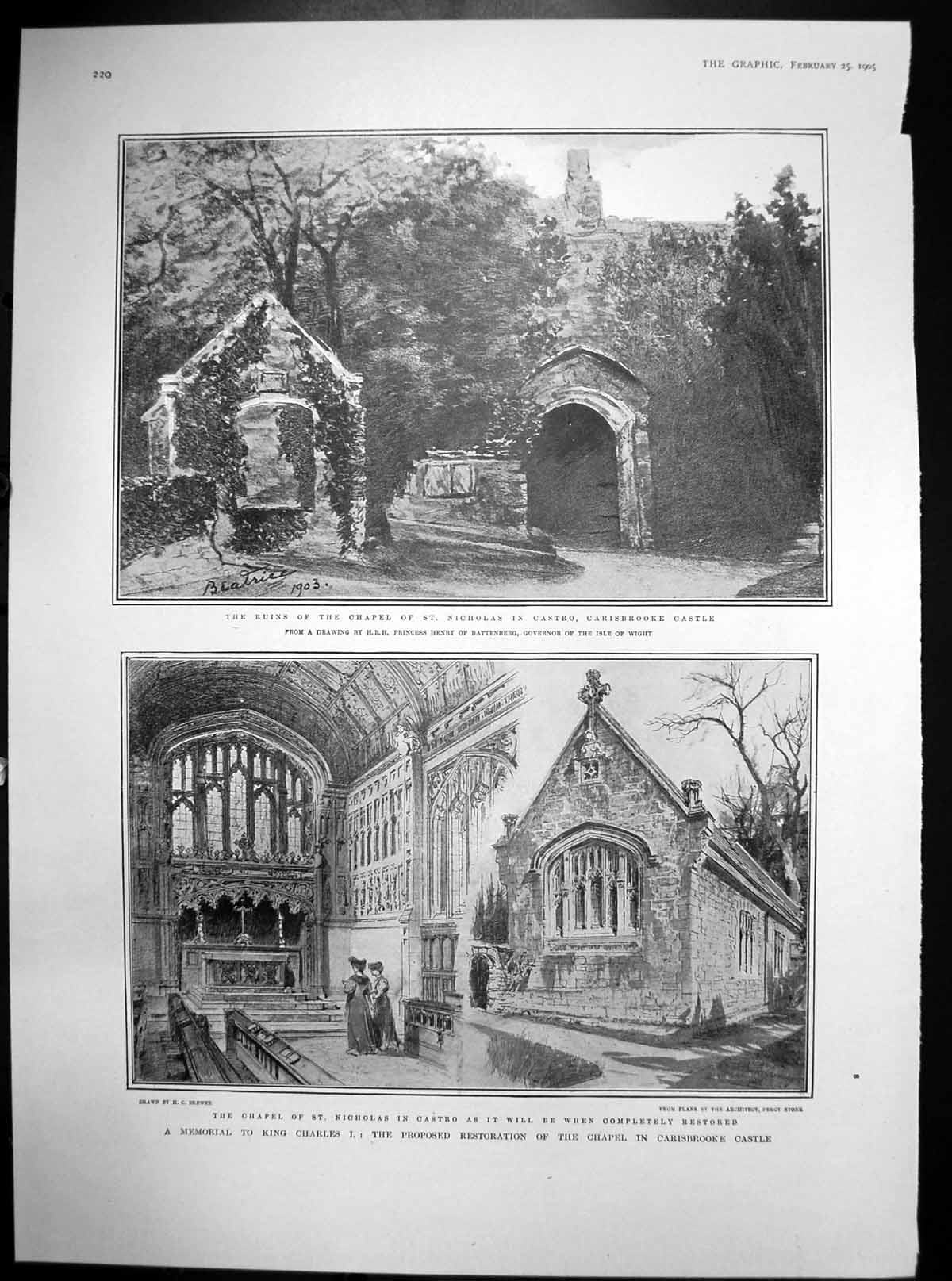 Antique Old Print Proposed Restoration St Nicholas Castro Carisbrooke 1905 20th