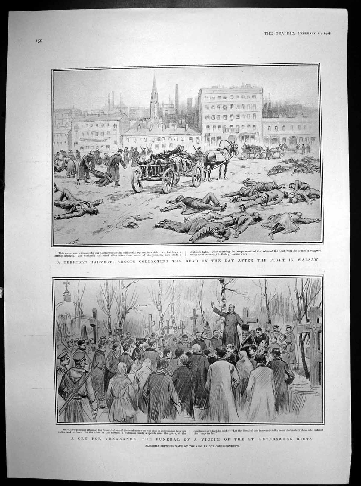 Old Antique Print Dead Troops Warsaw Funeral Victim Petersburg Riots 1905 20th
