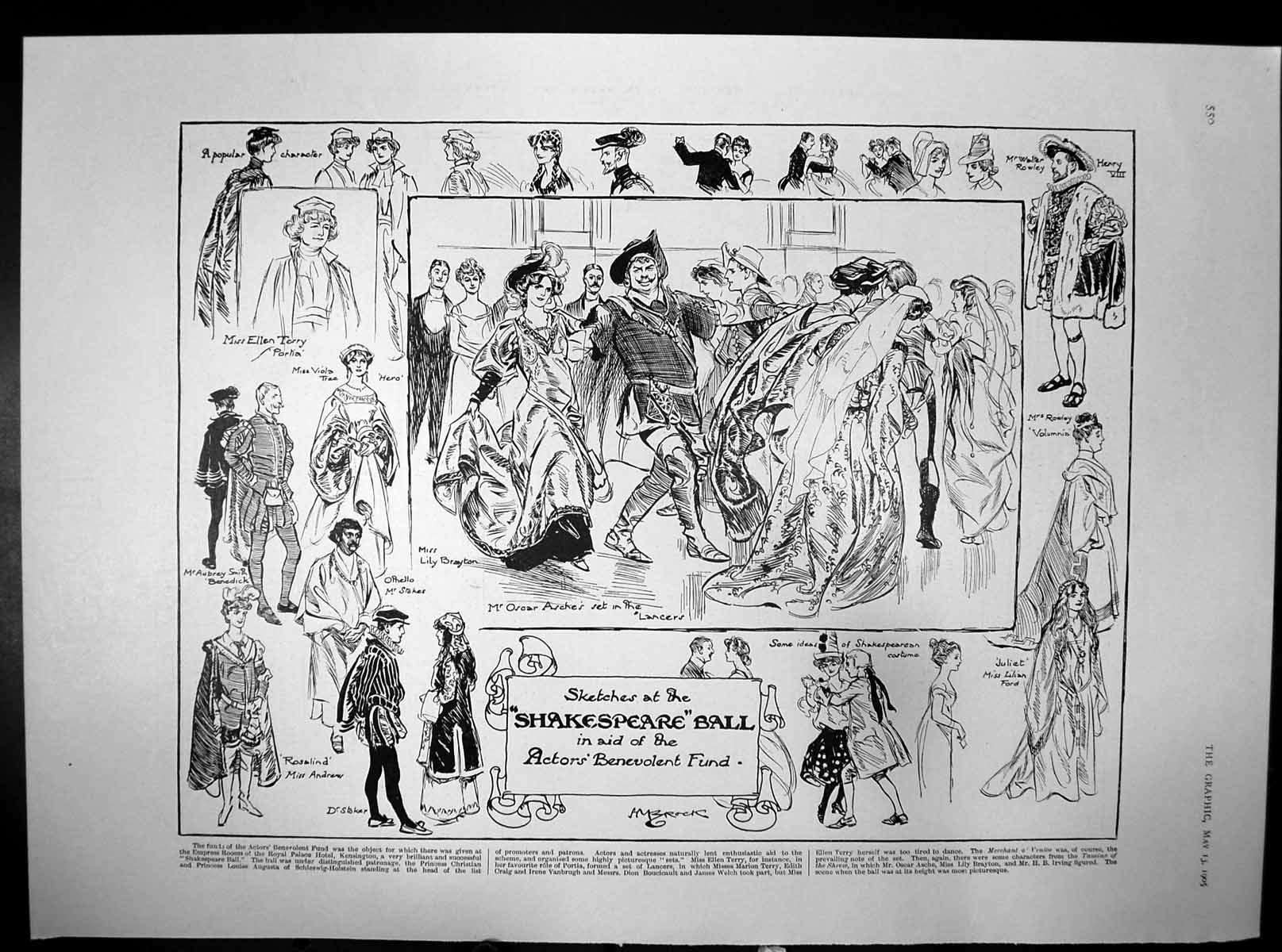 Old Antique Print Sketches Shakespeare Ball Actors Benevolent Fund 1905 20th
