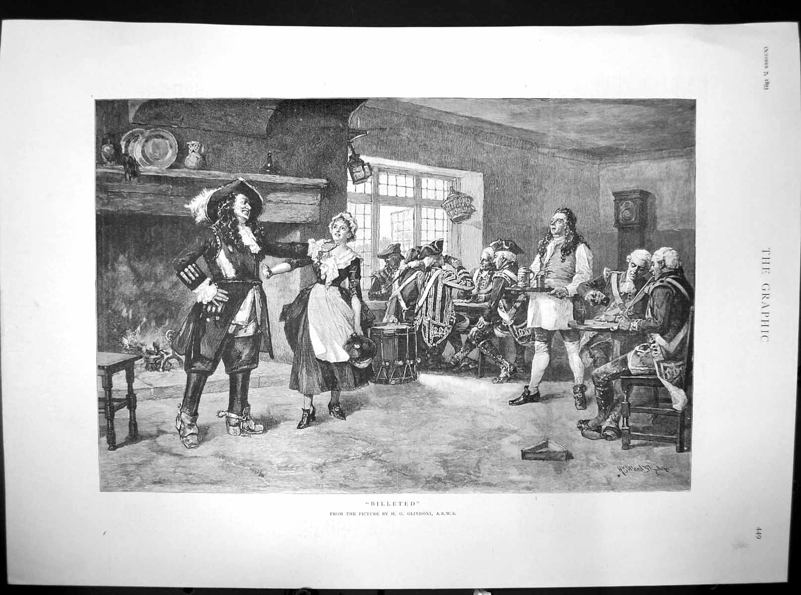 Original Old Antique Print Billeted H G Glindoni Army Officers Dining 1893 19th