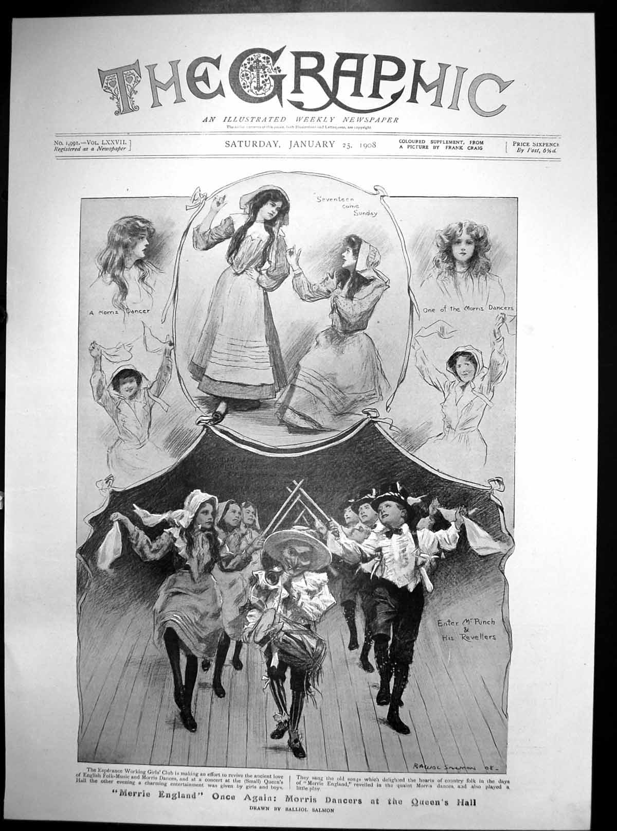 Antique Print Merrie England Once Again Balliol Salmon Dancers Queens 1908 20th