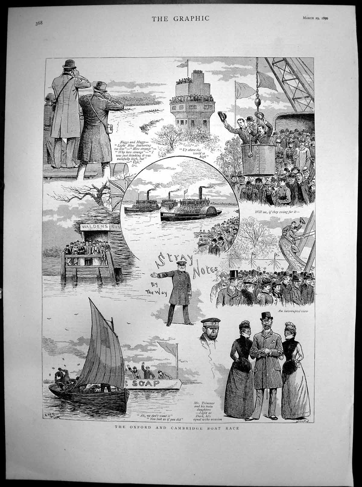 Original Old Antique Print Oxford Cambridge Boat Race Sketches Mr Trimmer 1890