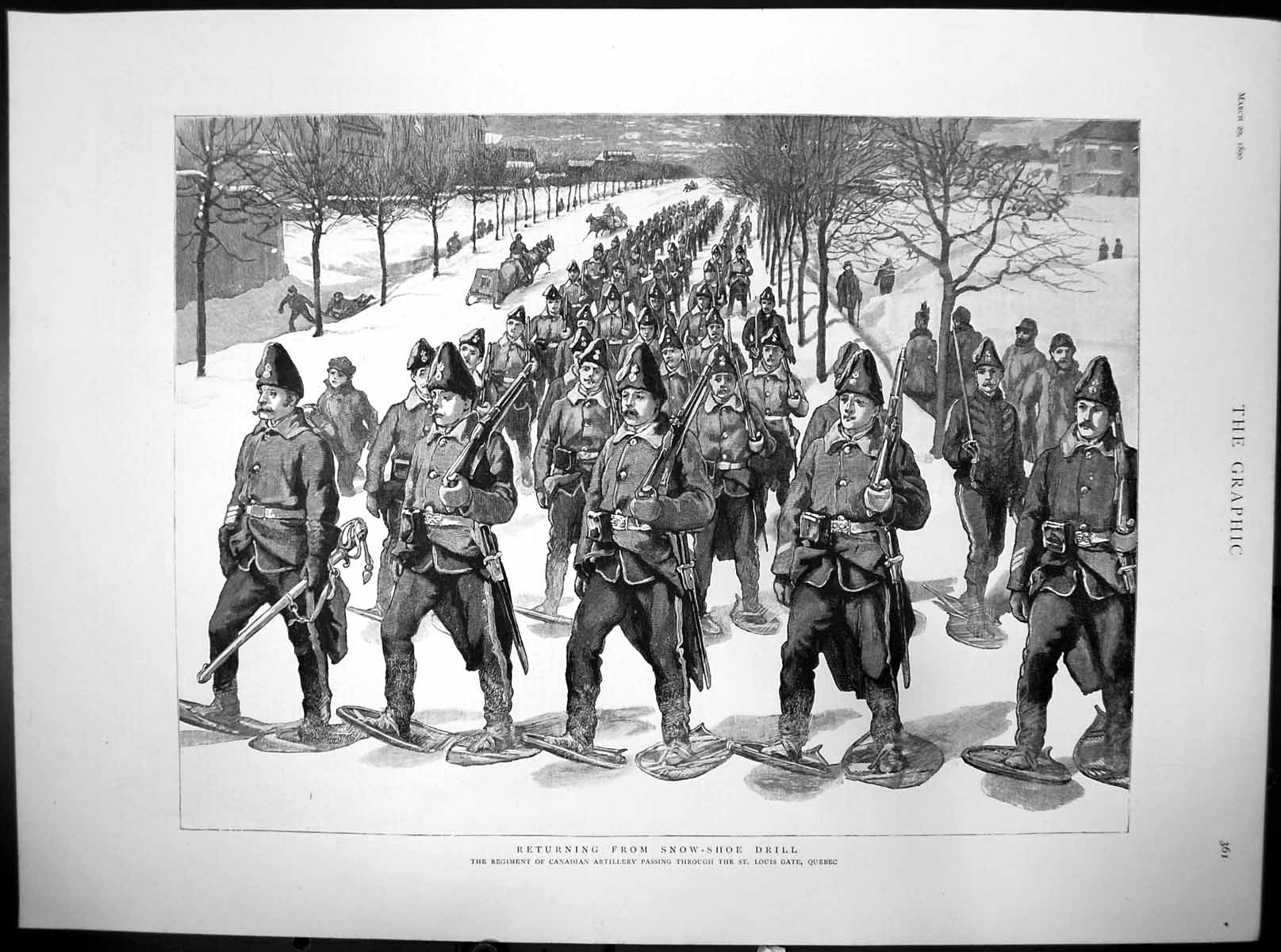 Antique Print Returning From Snow Shoe Drill Canadian Artillery Quebec 1890