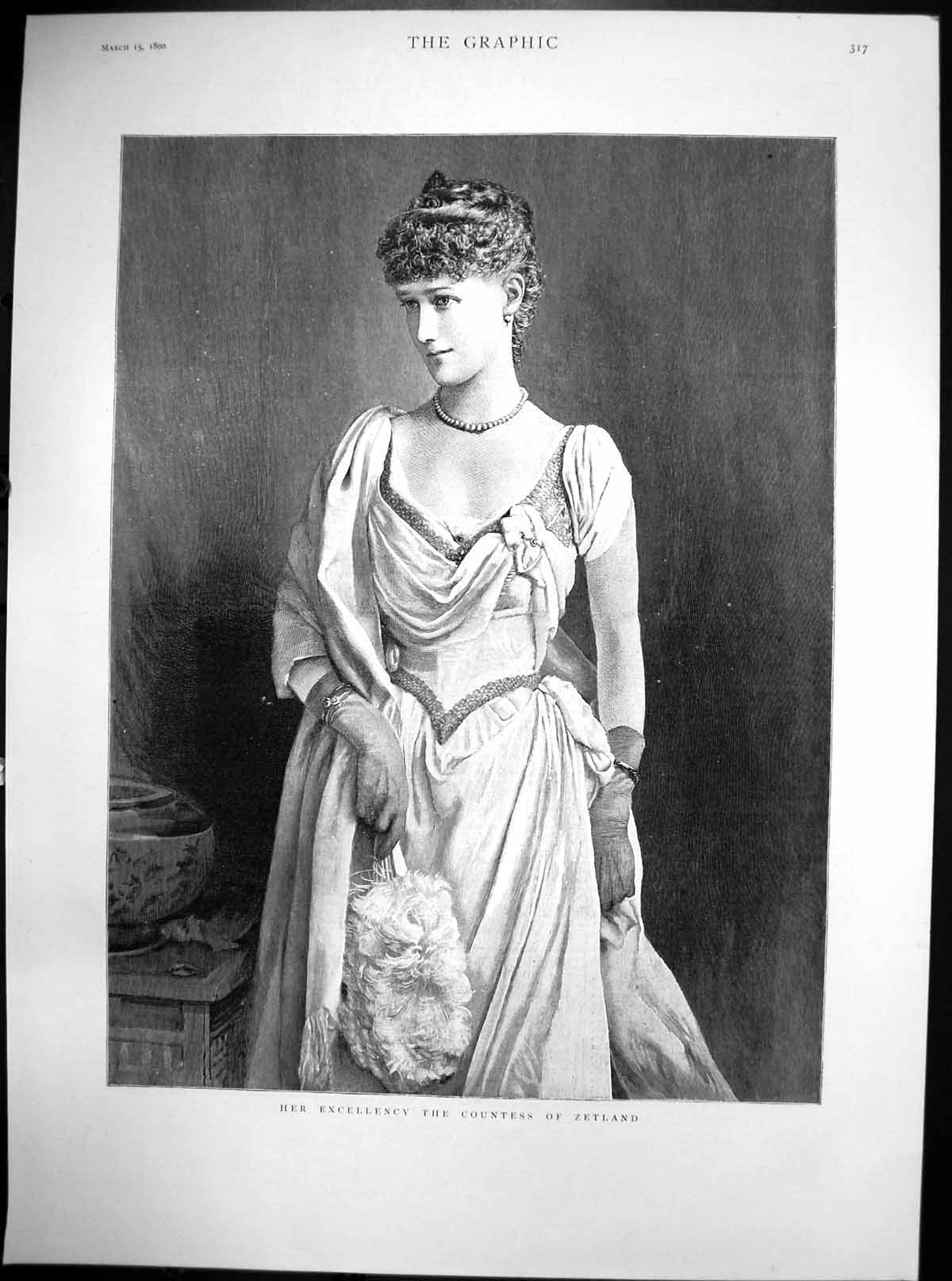 Original Old Antique Print Portrait Her Excellence Countess Zetland 1890 19th