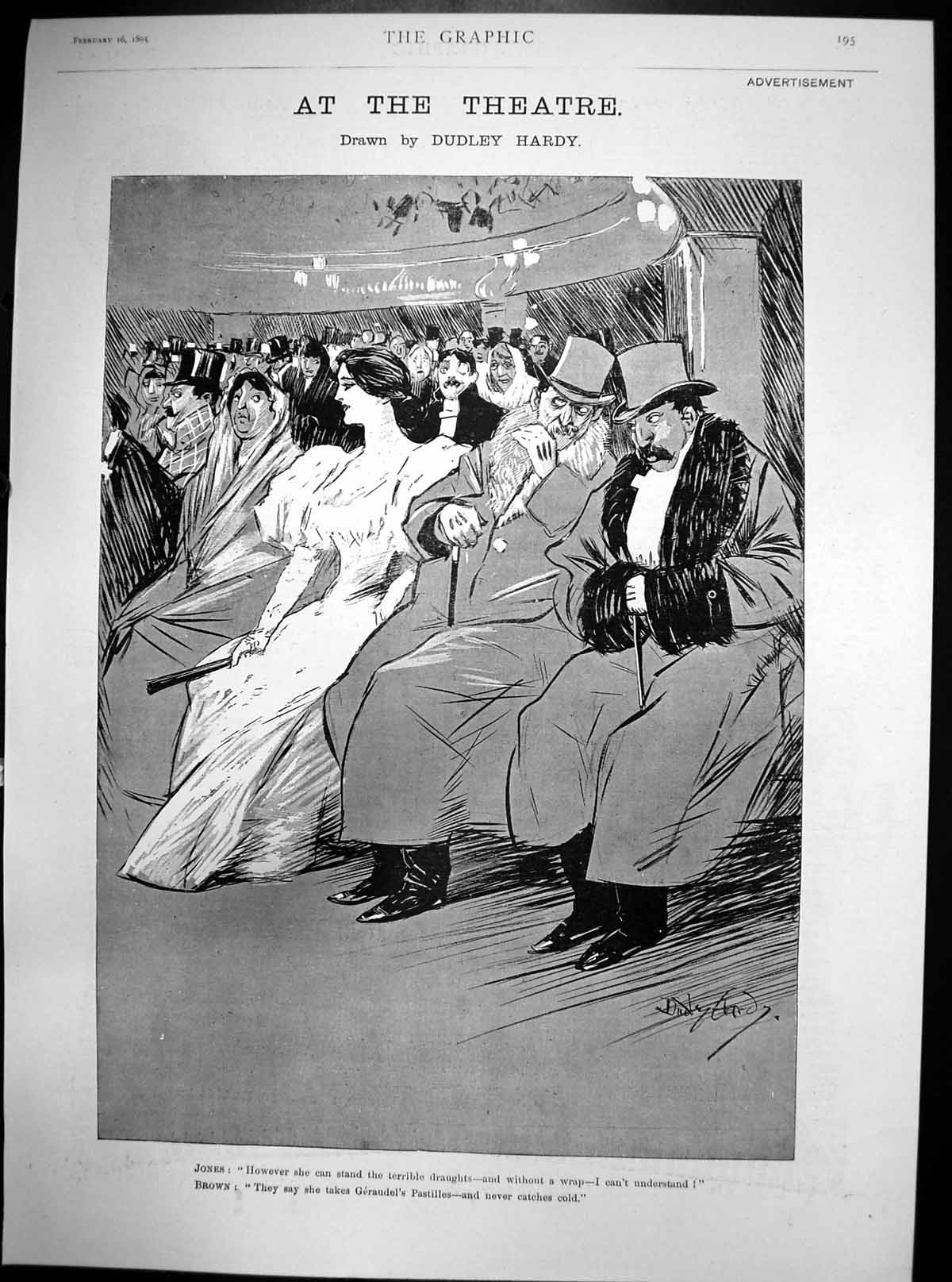 Old Antique Print At The Theatre Dudley Hardy Lady Gents In Audience 1895 19th