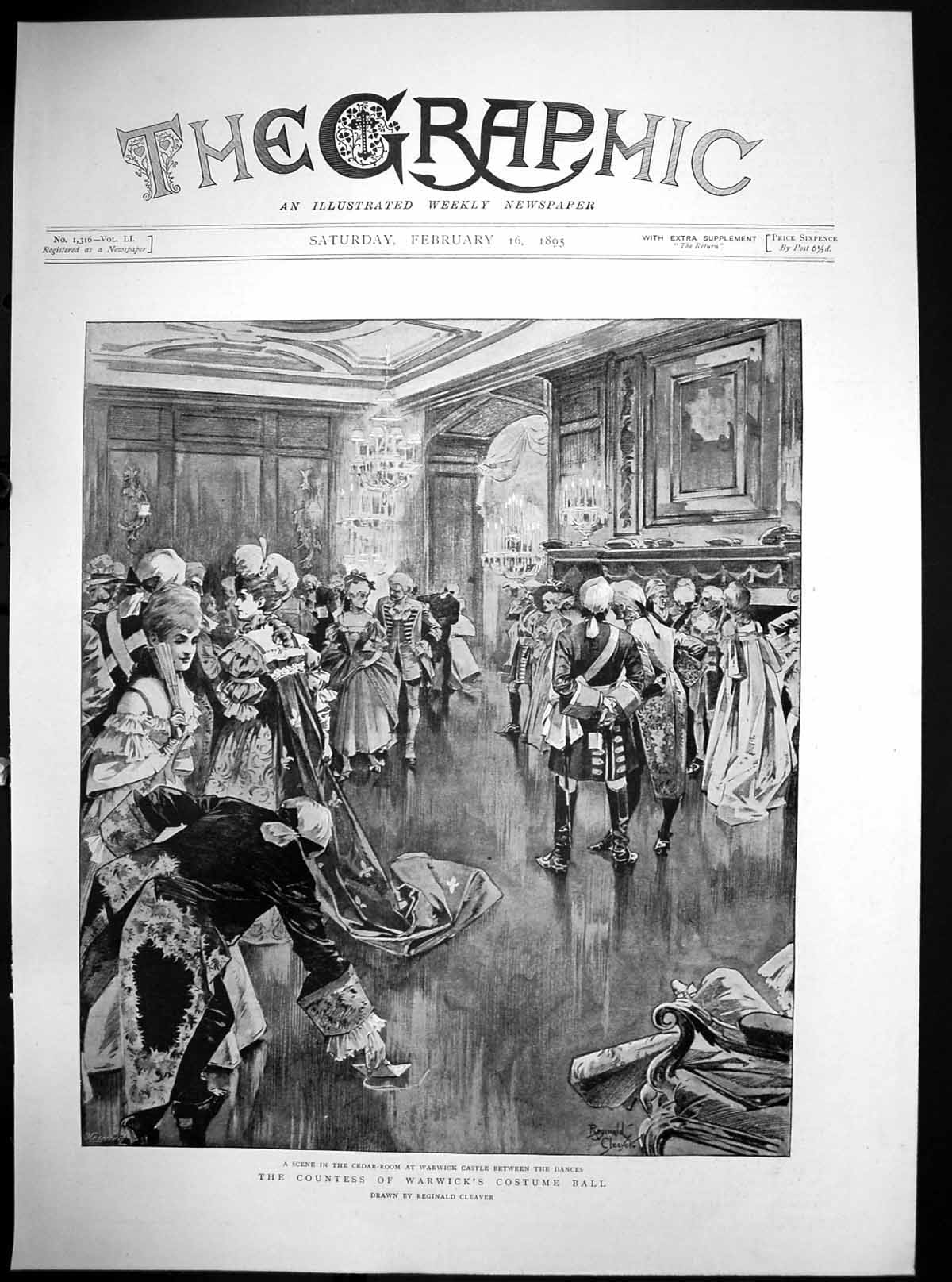Antique Old Print Counteess Warwicks Costume Ball Cedar Room War Castle 1895