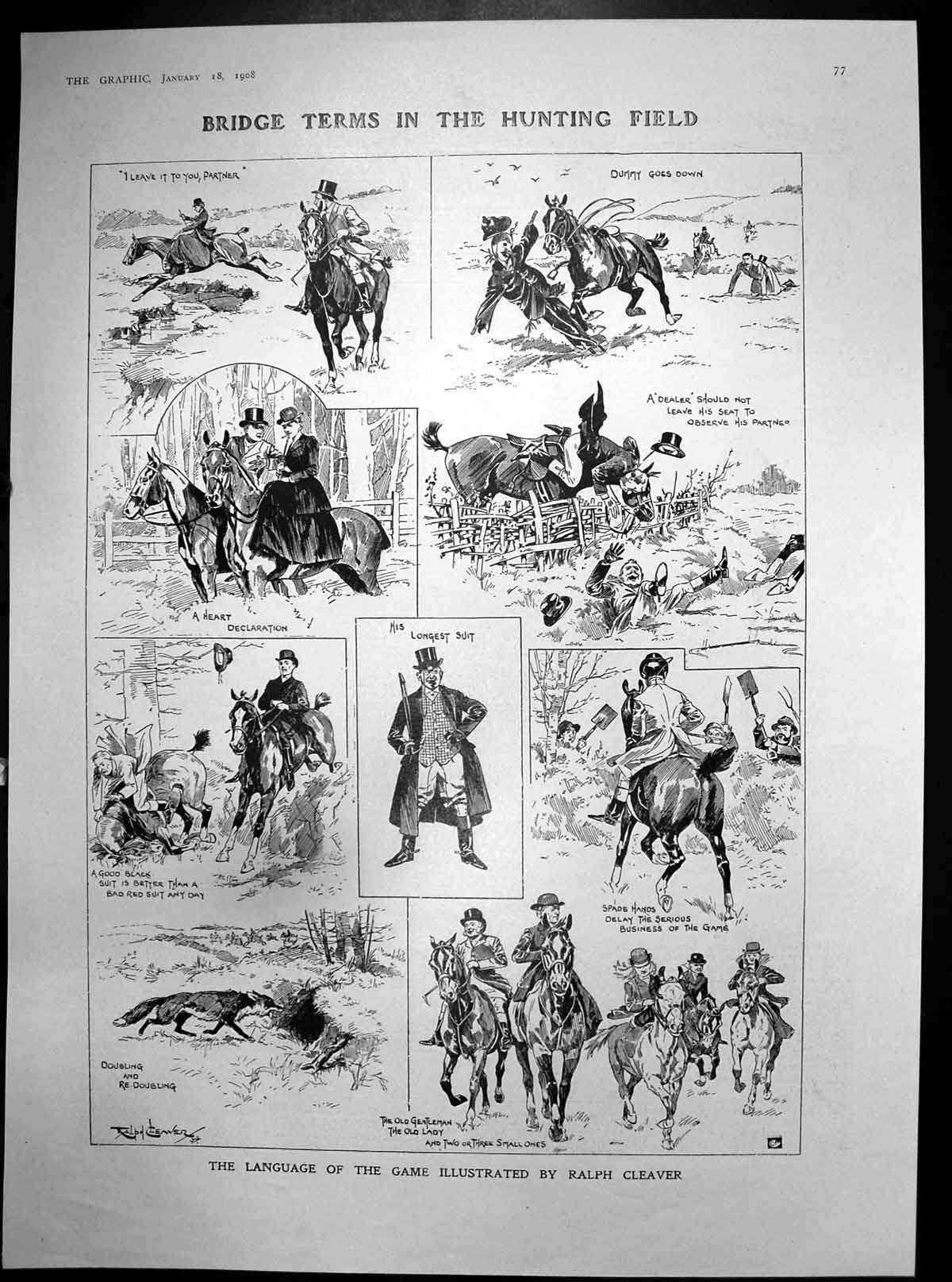 Old Print Bridge Terms In Hunting Field Ralph Cleaver Horses Riders 1908 20th