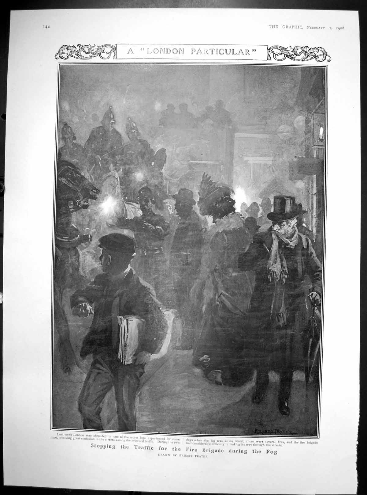 Old Print Stopping Traffic For Fire Brigade During Fog Ernest Prater 1908 20th