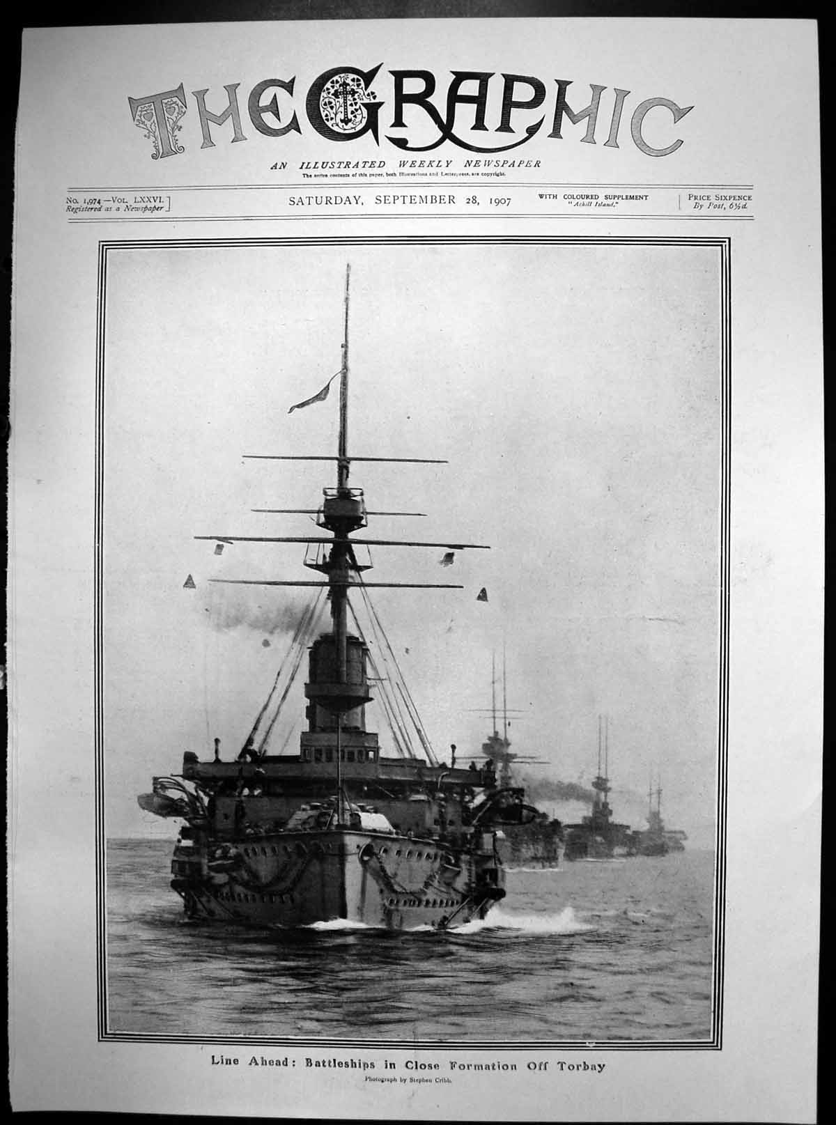 Old Antique Print Line Ahead Battleships Close Formation Off Torbay 1907 20th