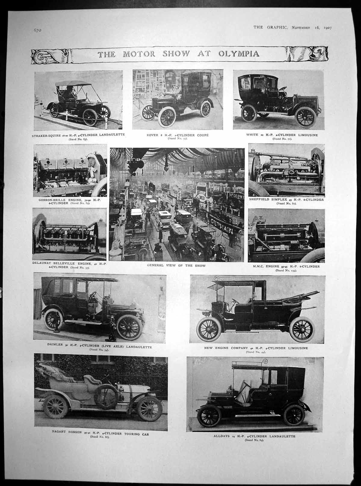 Original Old Antique Print Motor Show Olympia Daimler Rover Nagant Hobson 1907