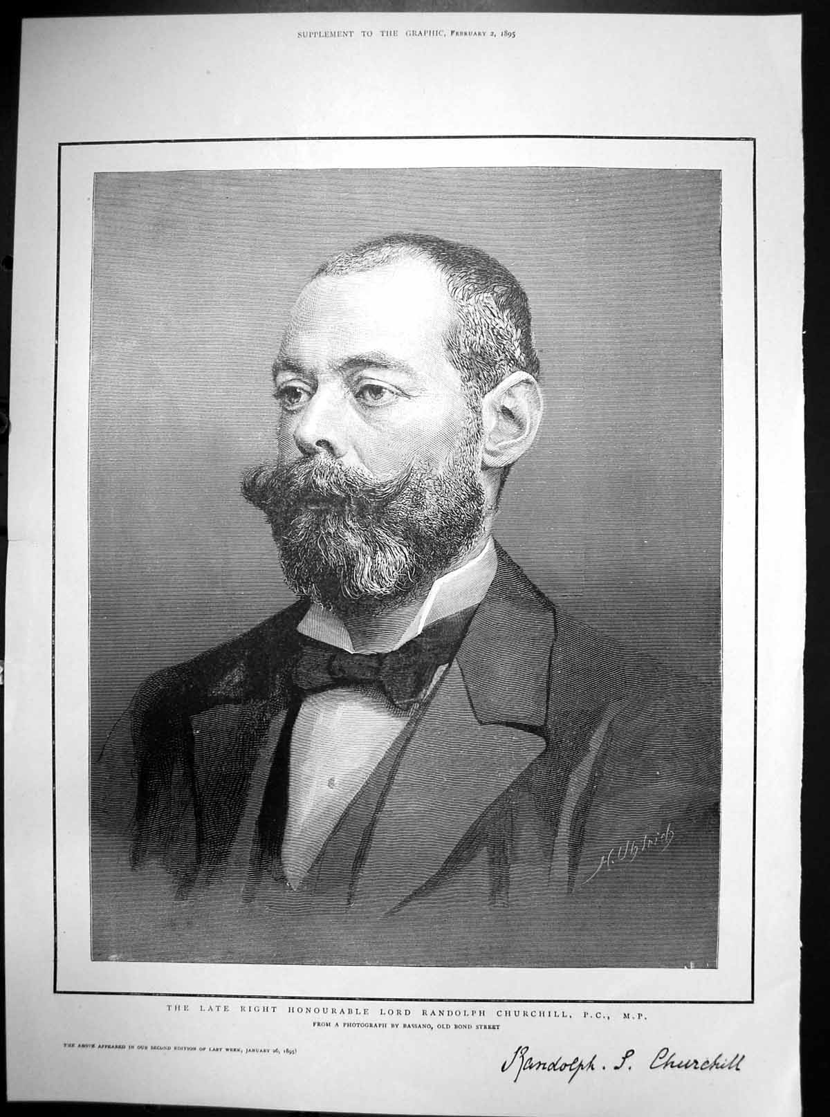 Antique Old Print Late Righr Honourable Lord Randolph Churchhill Pc Mp 1895
