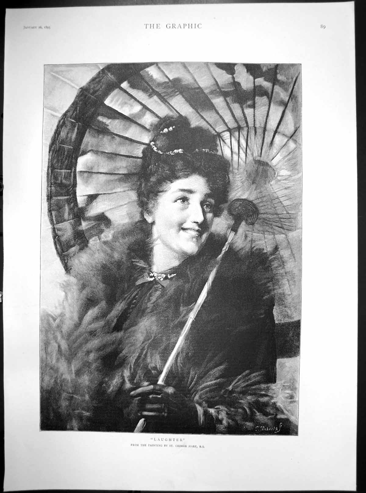 Original Old Antique Print Laughter St George Hare R I Lady With Parasol 1895