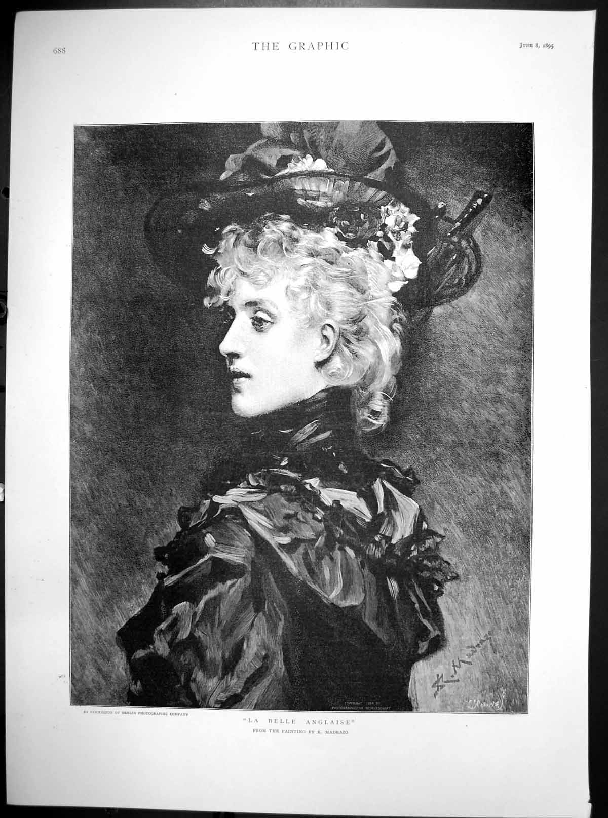 Original Old Antique Print La Belle Anglaise R Madrazo Lady Wearing Hat 1895