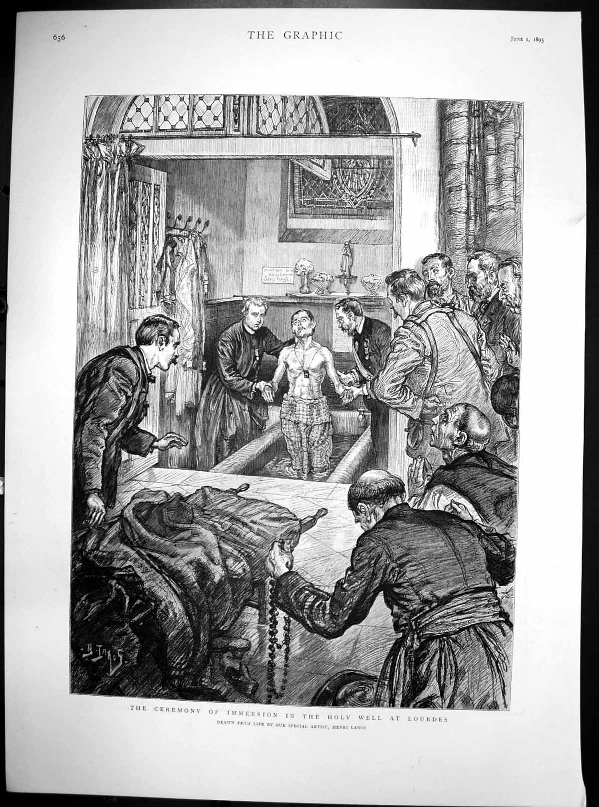 Old Antique Print Ceremony Immersion Holy Well Lourdes Henri Lanos 1895 19th