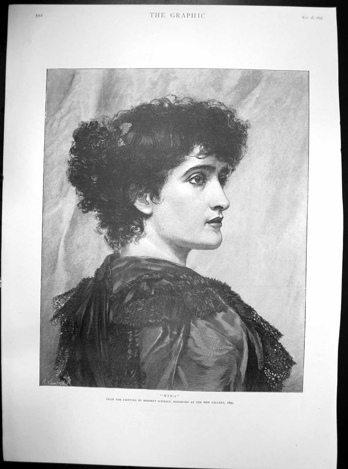 Original Old Antique Print Nina Herbert Schmalz New Gallery Young Lady 1895
