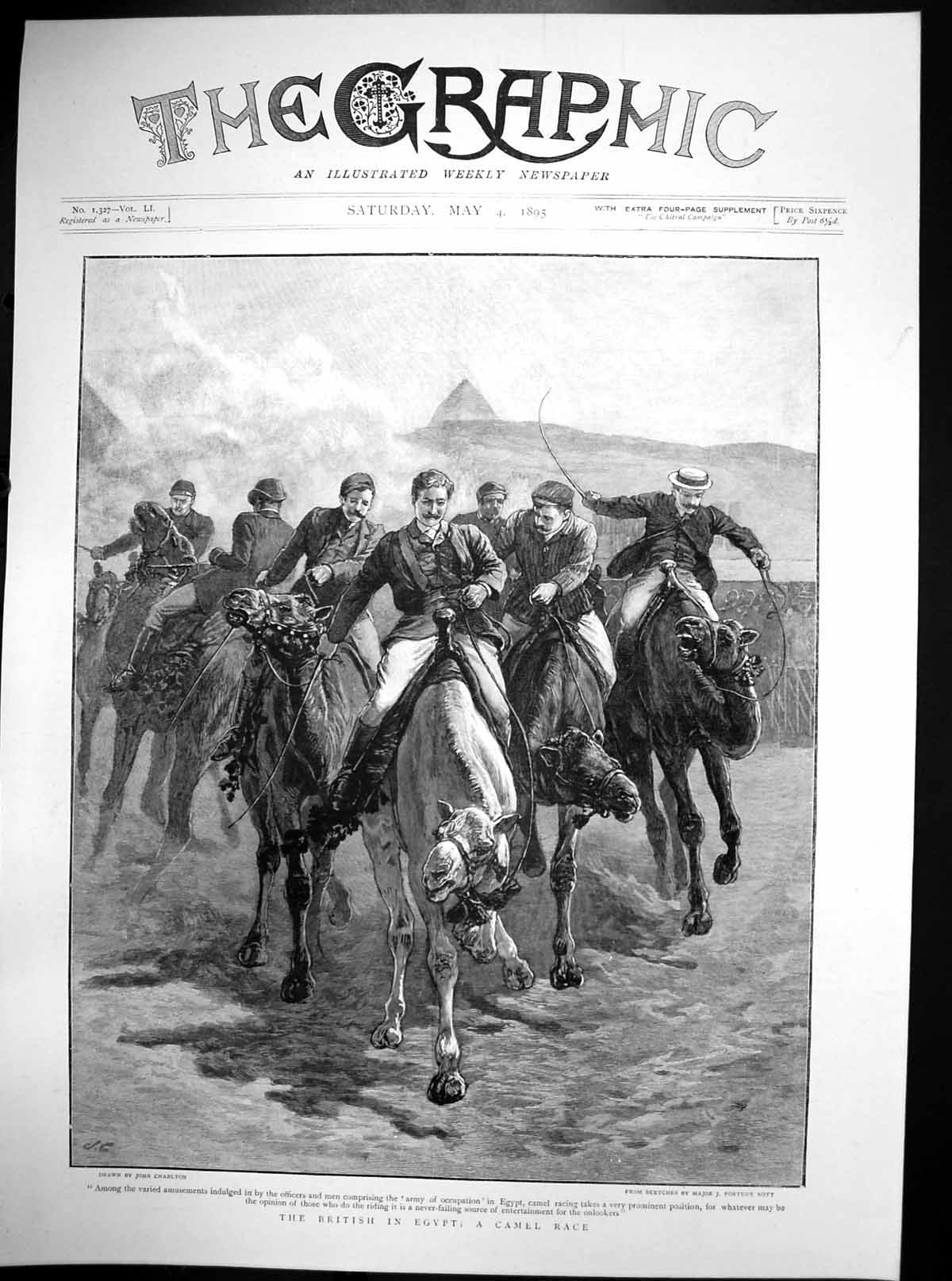 Original Old Antique Print British In Egypt Camel Race John Charlton 1895 19th