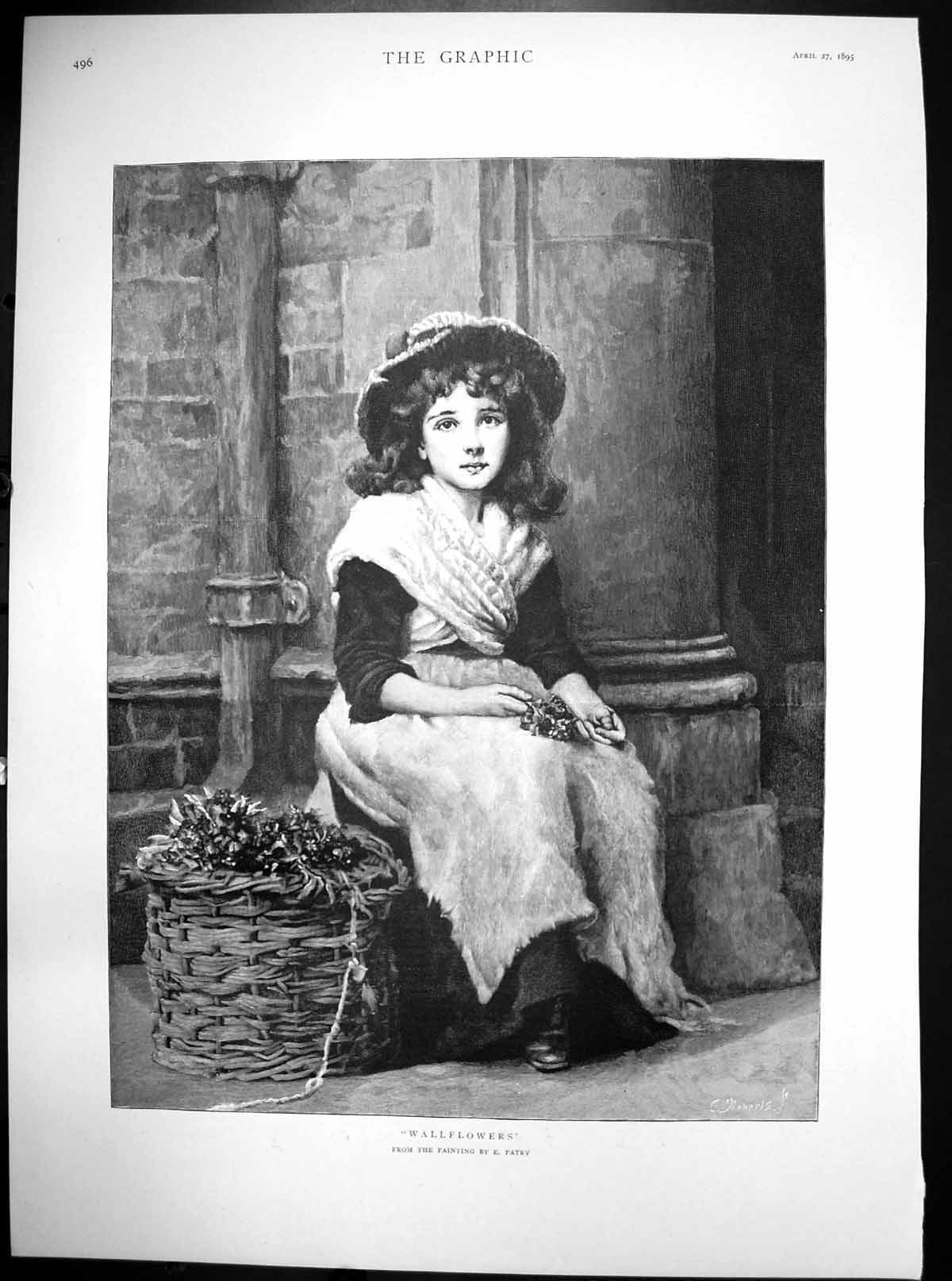 Original Old Antique Print Wallflowers E Patry Girl Basket Wallflowers 1895