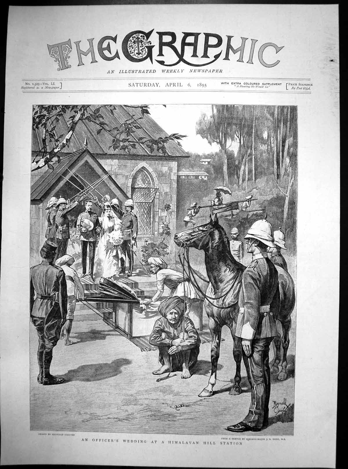 Original Old Antique Print Officers Wedding Himalayan Hill Station 1895 19th