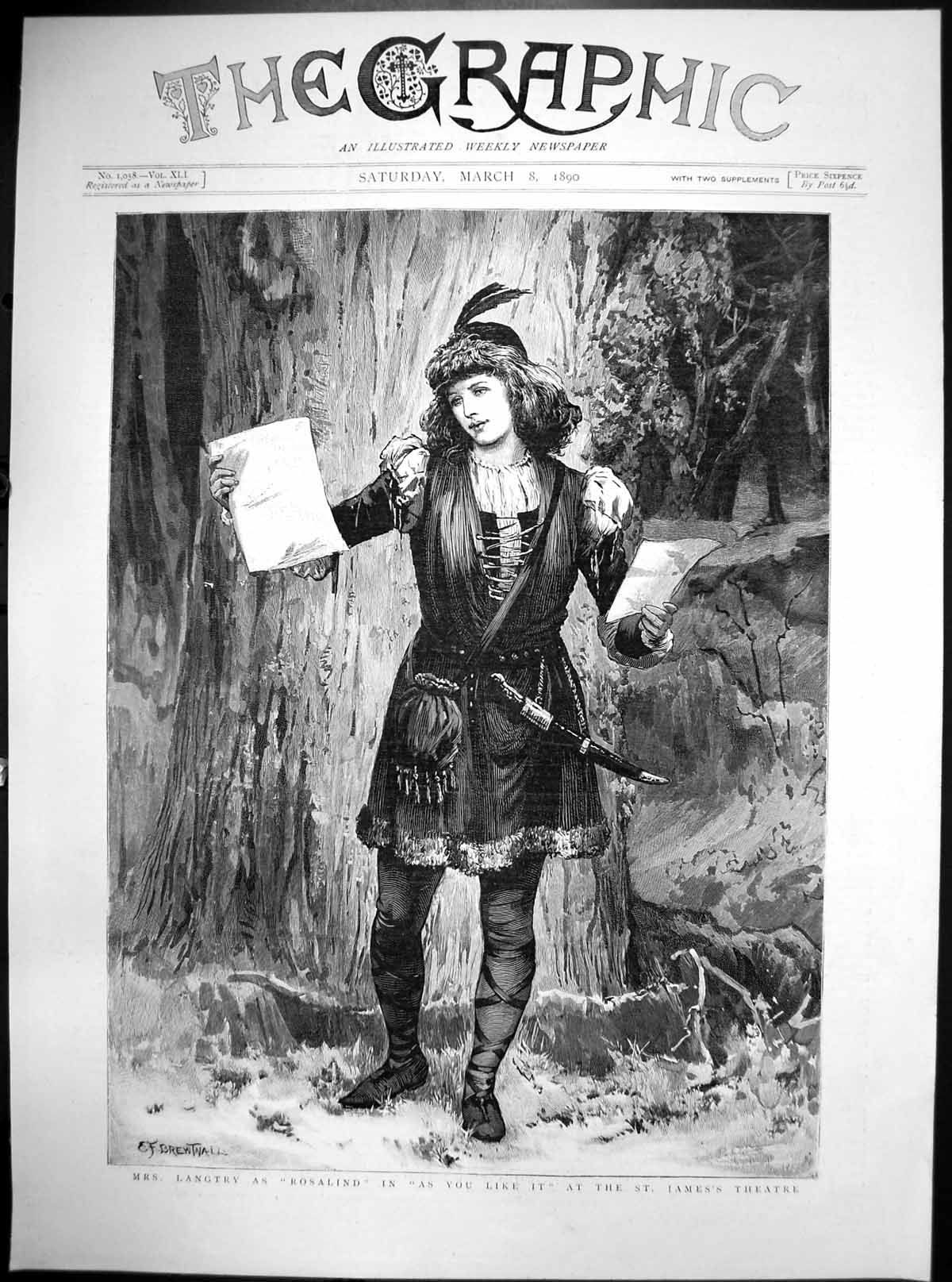 Antique Print Mrs Langtry As Rosalind As You Like It St James Theatre 1890 19th