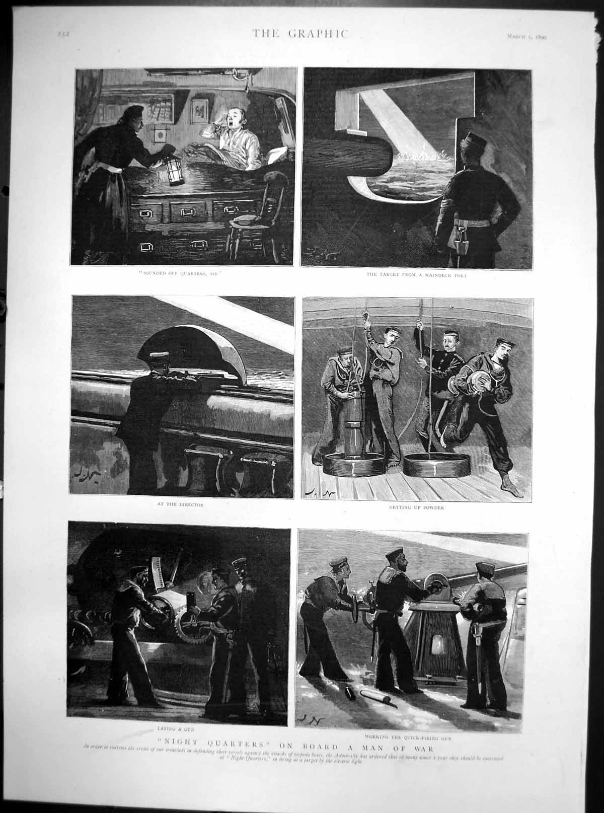 Original Old Antique Print Night Quarters On Board Man War Laying A Gun 1890