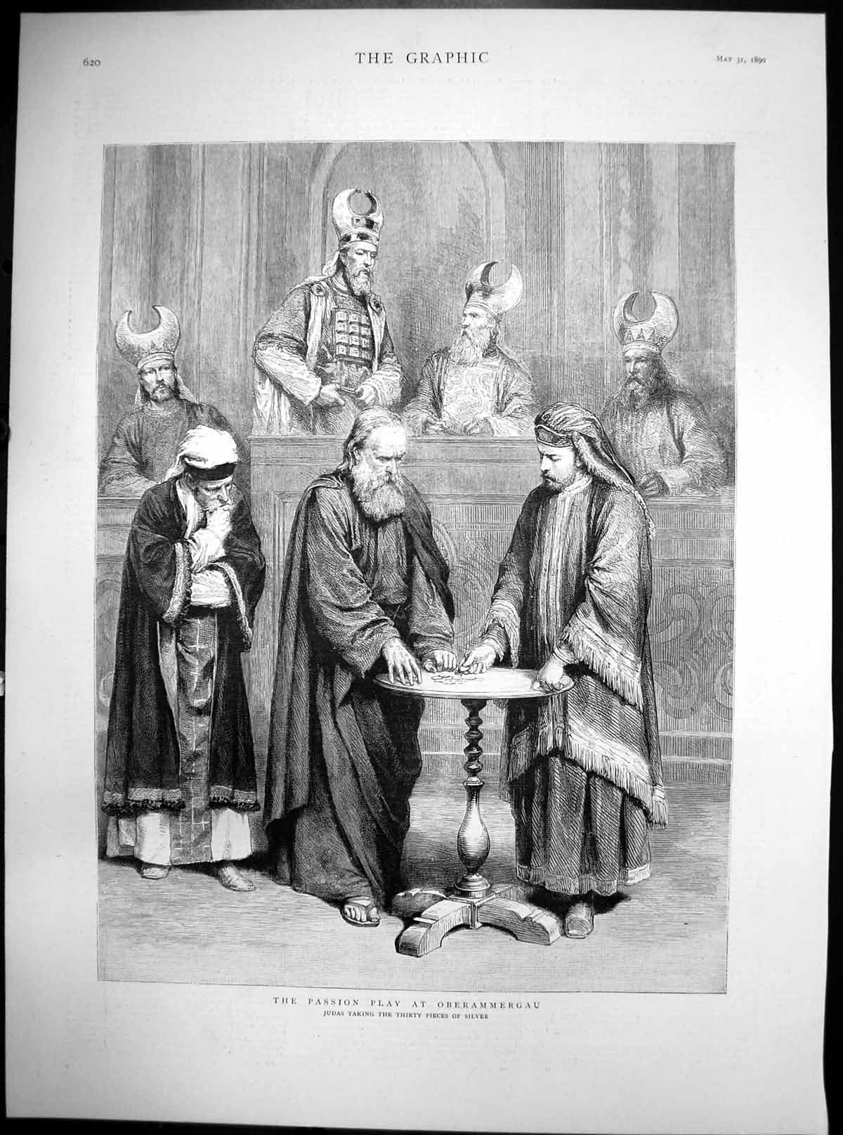 Antique Old Print Passion Play Oberammergau Judas Thirty Pieces Silver 1890