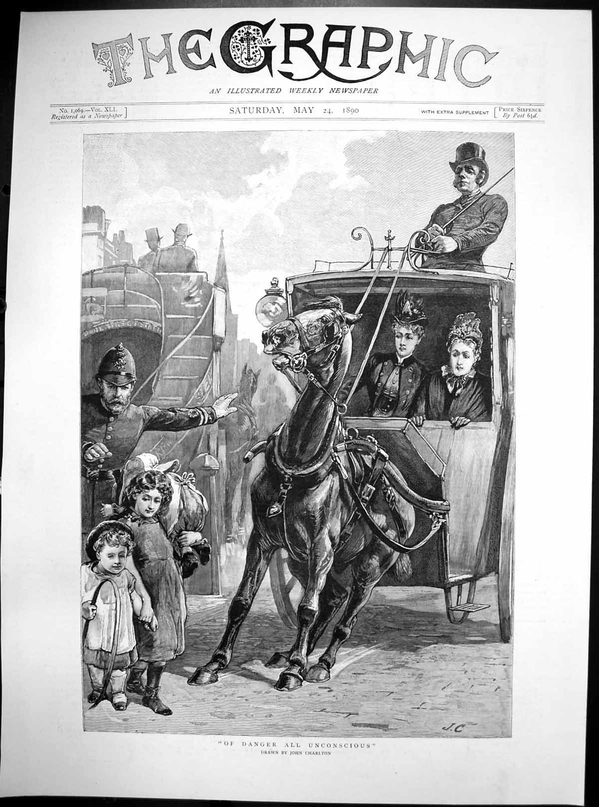 Original Old Antique Print Danger All Unconscious Girls Cross Front Horse 1890