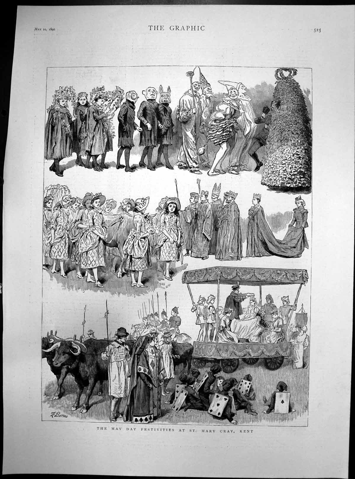 Original Old Antique Print May Day Festivities St Mary Cray Kent 1890 Victorian