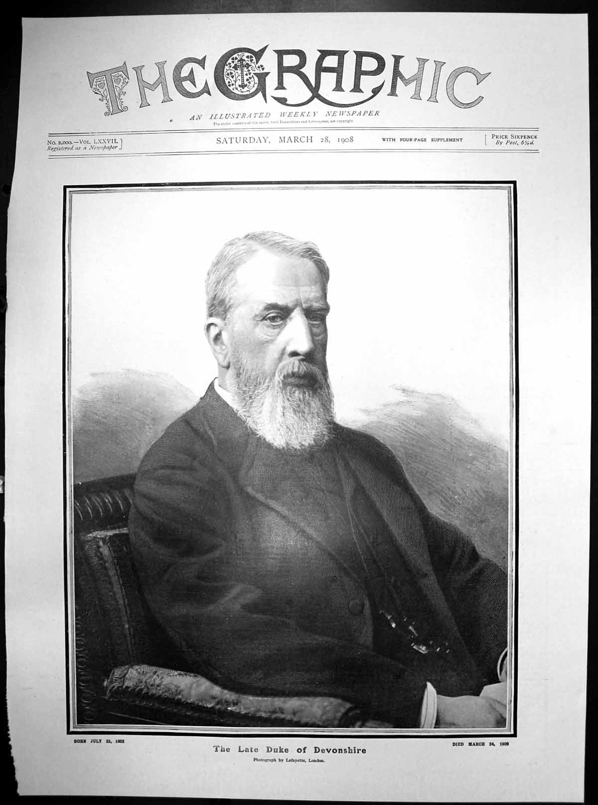 Original Old Antique Print Late Duke Devonshire Born 1833 Died 1908 1908 19th
