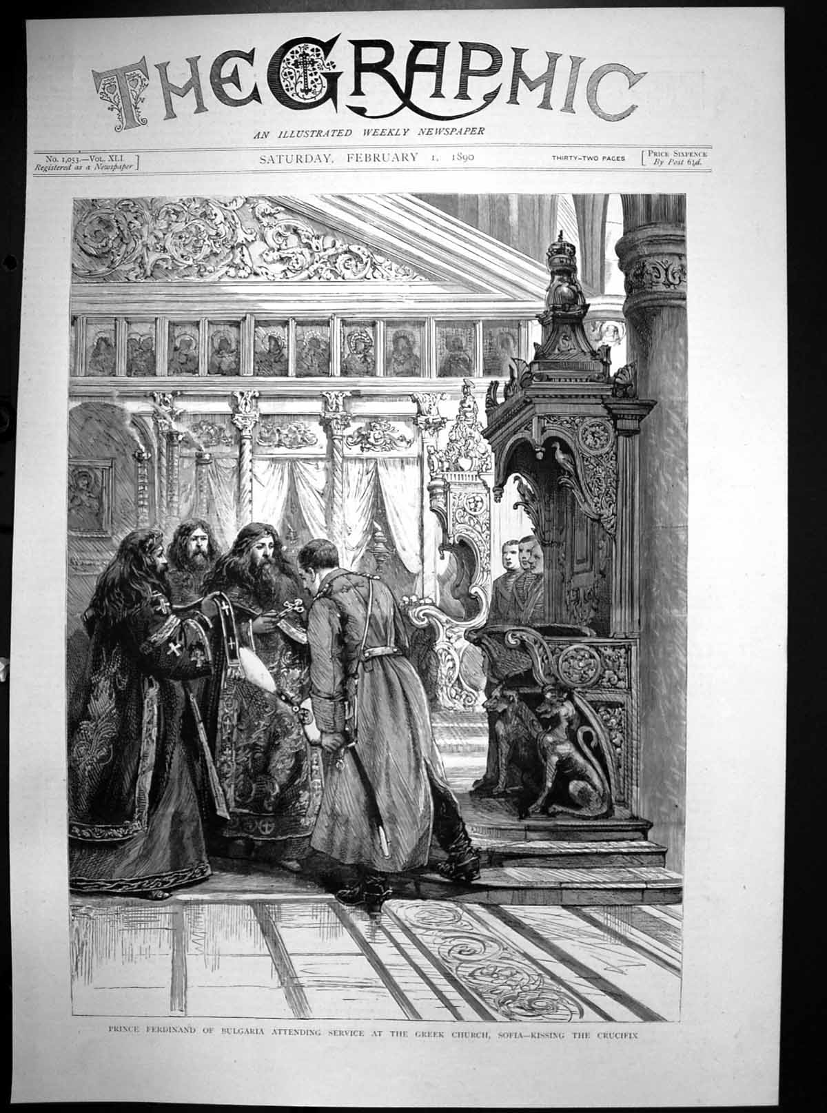 Antique Old Print Prince Ferdinand Bulgaria Service Greek Church Sofia 1890
