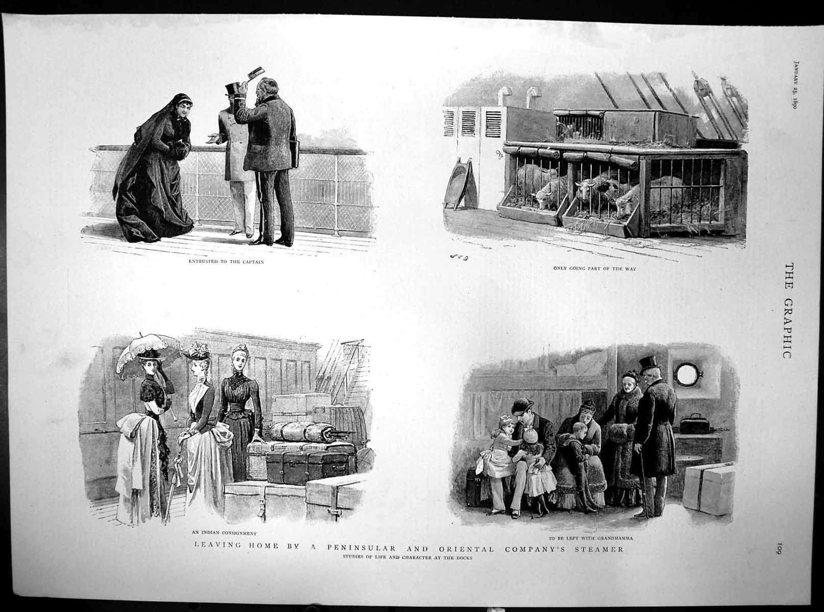 Old Antique Print Leaving Home Peninsular Oriental Companys Steamer 1890 19th